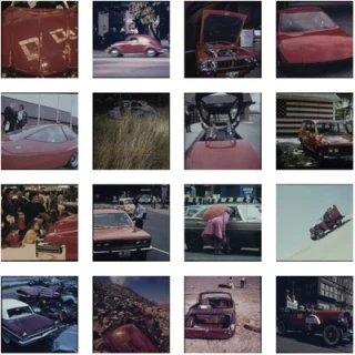Search results for the query a red car in Digital Documerica: a grid of sixteen 1970s Environmental Protection Agency photographs retrieved by multimodal embedding, each showing a red automobile.